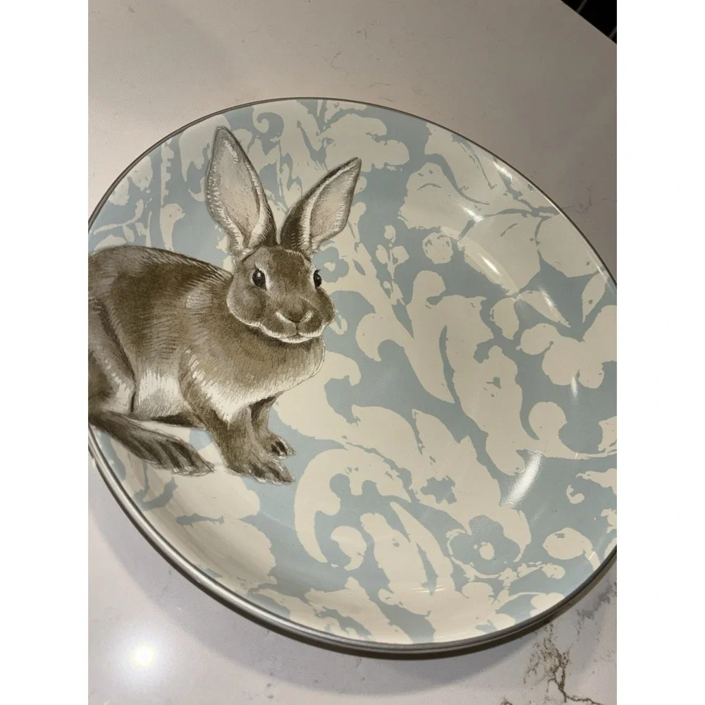 Williams Sonoma Damask Easter Bunny Large Round 3 Qt 12 3/4 Serving Bowl Lt Blue